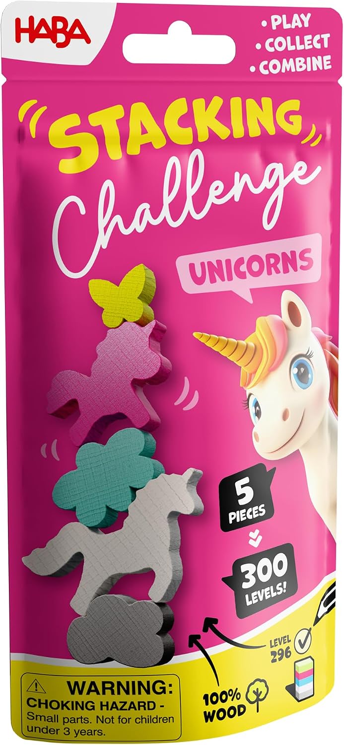 HABA 2013866001 - Stacking Challenge Unicorns, Juego Infantil con retos de apilar, Solitario, de Viaje. Más 6 años