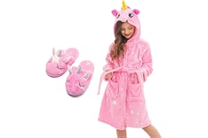 Piefry Unicorn Dressing Gown for Girls - Soft Hooded Robe Sleepwear With Slippers, Gifts for Girls