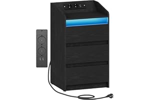 Hzuaneri Comodino con 3 Cassetti, Tavolino con Stazione di Ricarica LED, 2 Prese CA e 2 Porte USB per Camera da Letto, Soggiorno, Nero NS40004X