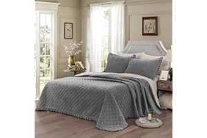 WONGS BEDDING narzuta na łóżko, 240 x 260 cm, szara, 3-częściowa, aksamitna, pikowana, dwustronna, miękka, komfortowa narzuta na sofę, do sypialni, z 2 poszewkami na poduszkę 50 x 80 cm