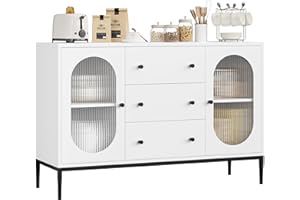 FirFurd Kredens o szerokości 120 cm, szafka kuchenna z 2 szklanymi drzwiami, 3 szuflady, drewniana szafka bufetowa, szafka do przechowywania do kuchni, salonu, jadalni, 120 x 38 x 80 cm, biały