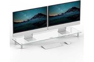 VonHaus Glass Monitor Stand for Desks, Height Adjustable Dual Screen Riser, 100x26cm Tempered Glass Monitor Stand w/Aluminium Legs, 20Kg Capacity