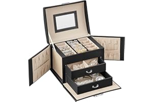 SONGMICS Boîte à Bijoux 3 Niveaux, Écrin à Accessoires, Coffre, avec Poignées, 2 Tiroirs, Miroir, Serrure, Rangement Bijoux pour Voyages, Surface Noir d'Encre, Doublure Beige Sable JBC154B01