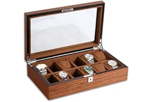 RoYiio Boîte à Montres en Bois à 12 Grille, Boîte à Montres avec Couvercle en Verre, Boîte à Montres avec 12 Supports de Montre Amovibles, Organisateur de Rangement pour Montre Cadeau pour Homme Fille