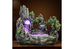 SANBOUSI Zimmerbrunnen Feng Shui Brunnen Pflanzen Springbrunnen Mit LED Kristallkugel und Zerstäuber Tischbrunnen mit Deko-Steingarten und Teich Wasserspiel Desktop Wasserfall