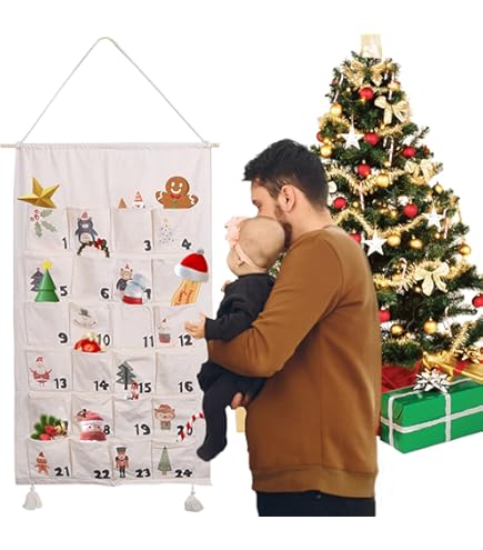 Calendario Dell'Avvento Fai Da Te In Stoffa - 24 Sacchetti Con Adesivi Natalizi - Riutilizzabile - Foto 4