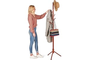 Verahaus High-Grade Wooden Tree Coat Rack Stand, 6 Hooks, Super Easy Assembly NO Tools Required, 3 Adjustable Sizes Free Standing Hallway Coat Hanger Hat Stand (Cherry)