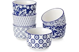 vancasso Ramequins Lot, 6 X 180 ML Ramequins et Moules à Soufflés en Porcelaine Bleu et Blanc, Ramequin Creme Brulee pour Muffin et Gâteau, Ramequin Pour à Crème, Sauce - Ø9 CM - Style Chinois