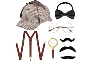 XERTEAM Lot de 7 accessoires de costume de détective des années 1920, avec chapeau à carreaux, dos en Y, bretelles nœud papillon, loupe, lunettes moustache, accessoires de cosplay, pour carnaval, cosplay,