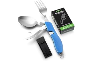 HIKENTURE Zestaw sztućców kempingowych 4 w 1, nóż hobo, widelec, łyżka, otwieracz do butelek, z etui do przechowywania, niebieski
