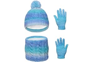 Waylipun Ensemble Bonnet Echarpe Fille et Gants, Bonnet Enfant Hiver avec Pompon, Tour de Cou Enfant avec Doublure, Hiver Accessoires Ensemble Set Pour Garcon Enfants 2 à 7 ans