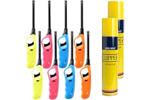 DISPAU 8 Encendedores Mecheros Cocina Barbacoa + 2 Clipper Botella Gas 300 ml, Gas Sirve para Recargar Soplete de Cocina, Azul