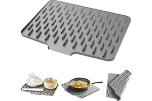 SI SEN Silicone Dish Drying Mat for Kitchen Sink, 40 x 30 cm Dish Drying Mat with Drainage, Dish Drying Mat, Heat Resistant, Non-Slip, Dripping Mat for Dishes, Fruits (Grey, 40 x 30 cm)