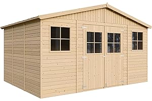 Abri de Jardin en Bois Naturel - Stockage extérieur avec fenêtres- H246x418x320 cm/12 m²- Hangar en Bois Naturel - Atelier Rangement Outils et vélos- Timbela M331
