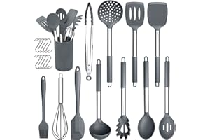 Herogo Silikon Küchenhelfer Set, 22-teiliges Kochutensilien Kochbesteck Set with Utensilienhalter, Hitzebeständiger Küchenutensilien mit Edelstahlgriff, Antihaft & Gesund, Grau