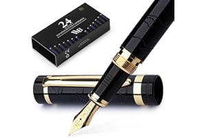 Wordsworth & Black Primori Juego de pluma estilográfica, Punta Mediana, incluye 24 cartuchos de tinta, convertidor de recarga de tinta, estuche de regalo, caligrafía, escritura suave [Oro negro]