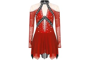 ranrann Femme Justaucorps Robe Patinage Artistique Gymnastique Danse Tenue Strass Manche Longue Spectacle Compétition S-XXL