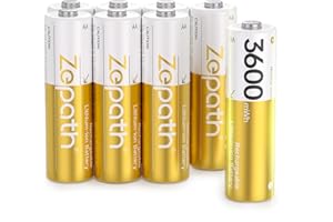 Zepath 8 x AA Rechargeable Lithium Batteries with Charger, 3600 mWh High Capacity 1.5 V AA Batteries, Durable Rechargeable AA Li-ion Battery