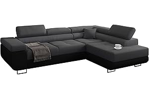 Miami Ecksofa Schlaffunktion, Eckcouch mit Bettkasten, Schlafsofa mit bettfunktion, L Form Couch, Ecksofa mit Bettkasten, Ottomane Rechts, 272 x 203 cm (Dunkelgrau + Schwarzer Kunstleder -EKO)