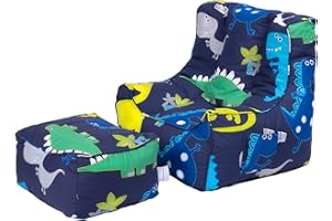 Ready Steady Bed Poltrona a sacco per bambini, con poggiapiedi, poltrona morbida, comoda e sicura per la stanza dei giochi, design ergonomico, mobile comodo per bambini (dinosauro scuro)