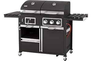 tepro Gas Kohle Kombigrill Toronto, Grillwagen mit Holzkohle- und Gasgrill-Modus, 3 Brenner mit je ca. 2,9 kW Leistung, Piezozündung, Thermometer, Maße ca. 173 x 65 x 116,5 cm, Schwarz