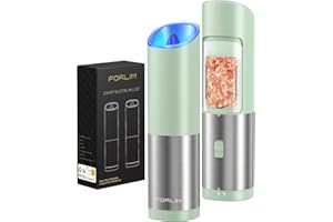 FORLIM Moulin à poivre électrique par gravité, Moulin à poivre et à sel avec lumière LED, grosseur réglable, Opération à une main, Moulin à épices électrique, Ensemble 2 Pièces(Vert menthe)