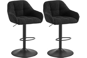 WOLTU Tabouret de Bar, Lot de 2, Chaise de Bar, Réglable en Hauteur, Siège Rembourré Pivotant, avec Dossier, Repose-Pieds, Chenille+Velours Côtelé, Noir, BH400sz-2