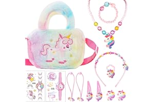 SOETDERT Einhorn Handtasche Geschenk, Mädchen Einhorn Schmuck Set, Einhörnern Kinderschmuck Halskette Armband, Ring, Haarspange, Geburtstagsgeschenk für Kinder Mädchen Rollenspiel