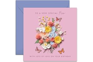 OLD ENGLISH COMPANY Old English Co. Special Mum Birthday Card for Her - Pink Flower Butterfly Artwork Birthday Card for Mum from Son Daughter - Cute Mum Birthday Card | Blank Inside Envelope