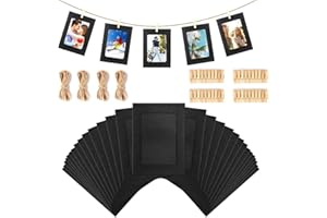 QHKLEW 30 Pcs Braun Papier Fotorahmen,10x15 cm Kraftpapier Bilderrahmen, Bilderrahmen aus Pappe 6x4 in Zum Aufhängen, mit Mini Holzklammern und Hanfseilen, für Wanddekoration, DIY Kreative, Schwarz