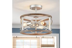 WUZUPS Kronleuchter 3-flammig Vintage Bauernhaus Industrieimitat Holzmaserung halbbündig montiert Deckenleuchte Leuchte für Foyer Flur Abstellraum Küche Badezimmer, H 30 x B 24, Nickel