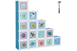 SONGMICS Scaffale Portaoggetti a 15 Cubi per Bambini, Portagiochi ad Incastro, Armadio in Plastica, Organizzatore Modulare per Abiti Scarpe Zainetto, 153 x 31 x 153 cm, Azzurro LPC902Q01