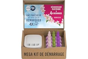 Febreze Désodorisant Électrique, Kit de Démarrage (1 Diffuseur + 4 Recharges de 20ml + 3 Parfums en Alternance), Parfum Fleur de Lys, Combat les Odeurs en Continu, Fraîcheur Jusqu'à 90 Jours