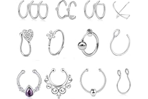 Mayhoop 4-15Stück Fake Piercings Fake Nasenpiercing Ear Cuffs Fake Septum Ring Hoop Silber Rosegold Fake Helix Lippen Piercing Ohrmanschette Ohrclips Non Piercing Schmuck