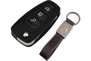 KASER Carcasa Funda Llave Remoto Mando 3 Botones para Ford Focus Mondeo Fusion Fiesta Ka Kuga Ecosport S-MAX C 2011-2017 con Llavero de Cuero