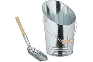 Relaxdays Cubo Cenizas, Pala, 10 L, Carbón, Pellets, Briquetas, Accesorios Chimenea, Recipiente con Asa, Plata/Natural, Hierro, Madera