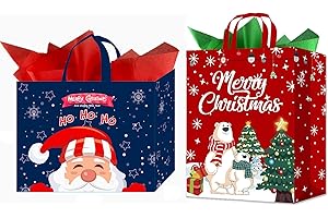 VOLSHA 2 Pack Christmas Tote Bags Large, Tote Bag with Handle Tissue Paper Gift Present Bag, Shopping Bag for Holiday Xmas Event Party (BLUE RED)