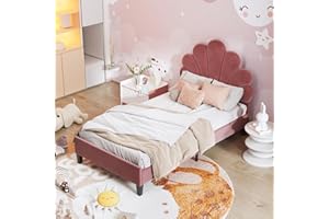 HYNHXBP - Cama infantil acolchada 90 x 200, cama acolchada con cabecera en forma de flor y somier de láminas, camas individuales para niña adolescente, terciopelo, sin colchón