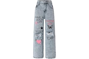 Generisch Y2K Y2K Jean pour fille Coupe bootcut Taille élastique Pantalon en denim avec jambes larges Style rétro Pantalon décontracté Loose Droit Jeans 120-170