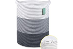 BOSROTY Large Laundry Hamper for Girls Boys Kids 72L, Nursery Hamper, Tall Laundry Basket, Cotton Rope Woven Blanket Basket for Storage Toys Clothes Towels, 40 x 55 CM, White & Gray