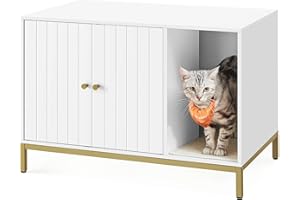 Feandrea PCL007W01 Szafka dla Kotów, Domek, Kuweta z Matą do Drapania, Wysokie Nogi, Stolik Pomocniczy, 80 x 50 x 55 cm, Biało-Złoty