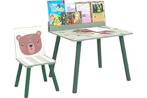 AIYAPLAY Set Sedia e Tavolino per Bambini con Ripiano Portaoggetti, Banco Scuola e Sedia in MDF e Legno di Pino, per Cameretta, Stanza da Gioco, Camera da Letto, Verde