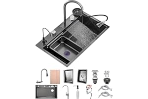 KOOGIMDDR 50 Cm De Ancho Fregadero De Cocina Con Grifo Cocina Extraible, 1 Cubeta De Acero Inoxidable Nanorrevestimiento, Fregadero Negro Con Cascada Así Como Otros Accesorios(Black-Grey B,80x50cm)