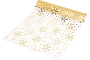 DERAYEE 10 Yards Christmas Table Runner, Gold Snowflakes Organza Tulle Roll Glitter Foil Table Cloth for Chrismas Table Decorations DIY Crafts Xmas Party Decor Gift Wrapping