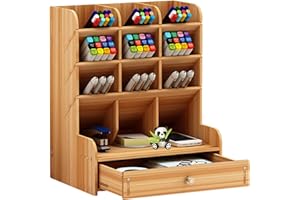 Huixinue Schreibtisch Organizer aus Holz mit Schublade,Große Kapazität,DIY-Montage Stiftehalter Schreibtisch,Büro Organizer,Desk Organizer für Büro, Schule und Zuhause. (B11-Braun)