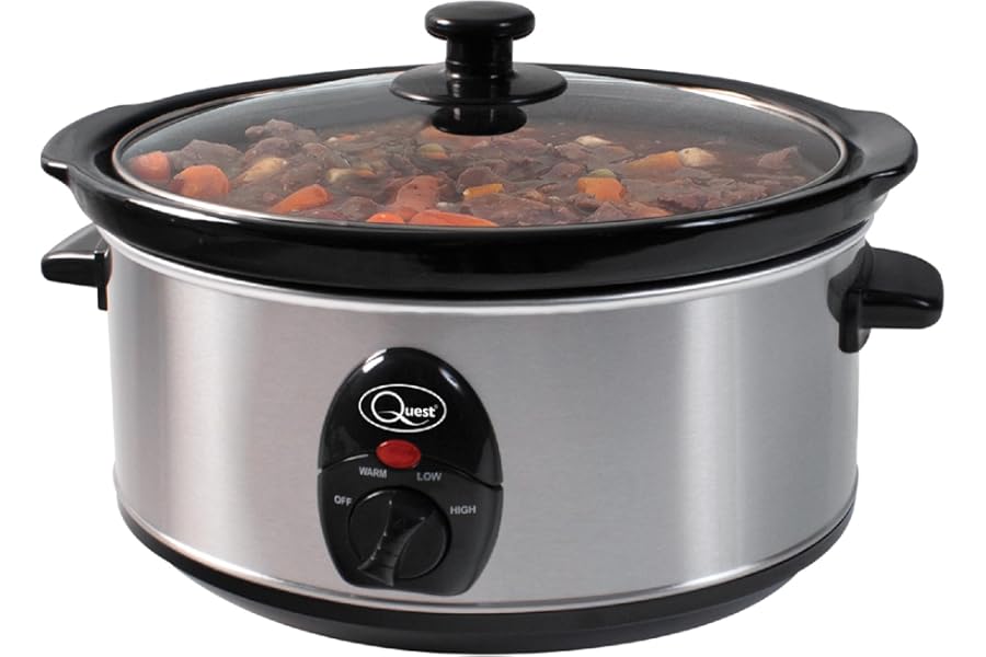 Quest 35270 Slow Cooker / 3.5 Litres/Compact Stainless Steel / 200W / 3 Temperature Settings/Transparent Toughened Glass Lid/Dishwasher Safe