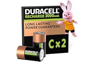 Duracell Rechargeables Piles C (lot de 2), 3000 mAh NiMH, Puissance longue durée