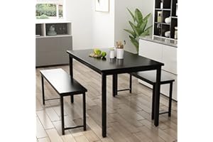 HOOSENG Dining Table with Bench Set, Wooden Kitchen Table Set with 2 Benches, Ideal for Home, Kitchen and Dining Room, Breakfast Table of 43.3x23.6x28.5 inches, Benches of 38.5x11.8x17.5 inches, Black