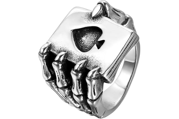 JewelryWe Bijoux Bague Homme Gothique Griffe Tête de Mort Carte De Poker Bêche A Acier Inoxydable Anneaux Fantaisie Couleur Noir Argent