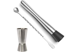 Prettyui - Strumenti essenziali per bar in acciaio inox, pestello da cocktail, cucchiaio da cocktail, set di misurino